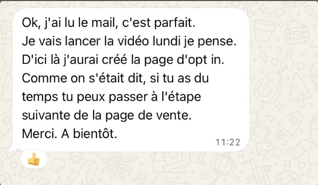 Capture WhatsApp de Vincent Tiberghien validant un livrable